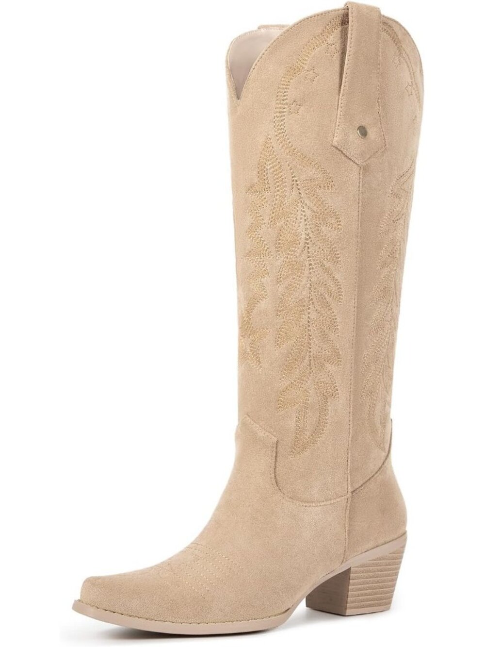 Women Apricot Leather Pull On Knee High Cowgirl Retro Embroidered Chunky Heel